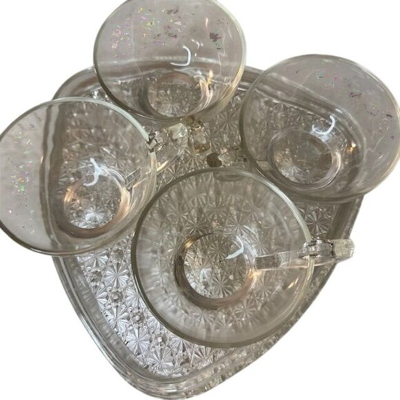 Vintage Clear Glass Snack Set With 4 Cups & 4 Triangular Plates - Picture 2 of 9